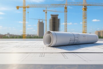 Architectural Blueprints on Construction Site Against a Skyline with Cranes Symbolizing Building Progress