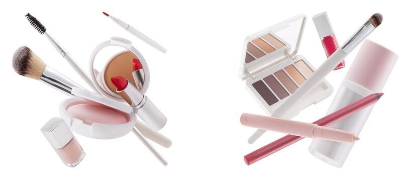 Makeup set Products floating isolated on White Background