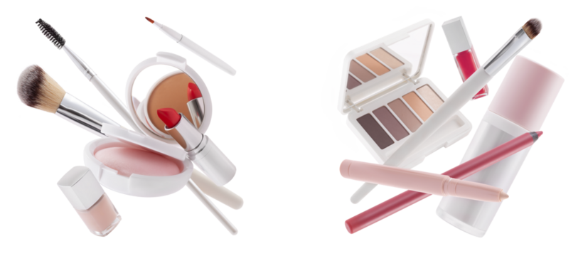 Makeup set Products floating isolated on White Background