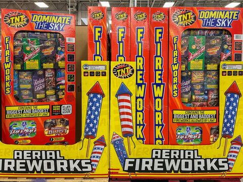 Large boxes of fireworks for sale at a Sam's Club store. Merrillville, IN USA July 7, 2025