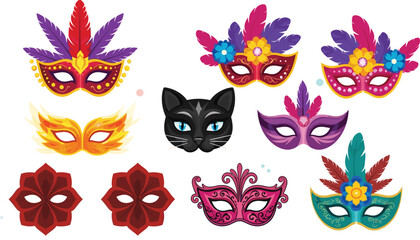 Carnival mask set, colorful masquerade clipart, festive costume icons, ornate feather masks, party accessories vector, decorative celebration mask illustrations © MDMORSEDUL
