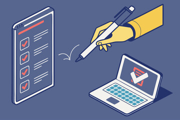 Digital survey and data entry from a tablet to a laptop, Cross-platform workflow concept, Isometric vector illustration - Generative AI