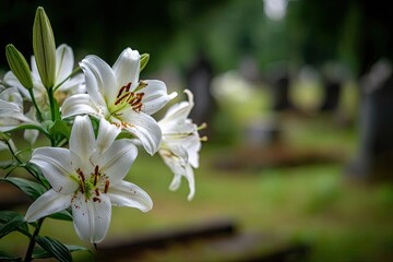 Fototapeta premium Lush white lilies in sharp focus foreground a softly blurred graveyard background, suggesting remembrance and tranquility