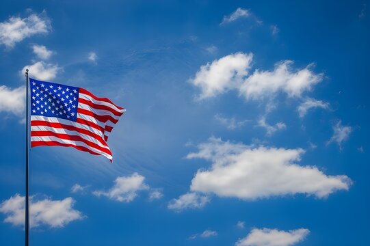American flag billowing proudly in a vibrant blue sky, punctuated by fluffy white clouds. - Powered by Adobe