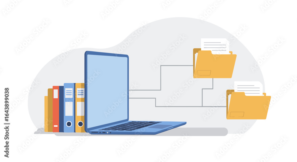 Poster digital file management concept with laptop and networked folders