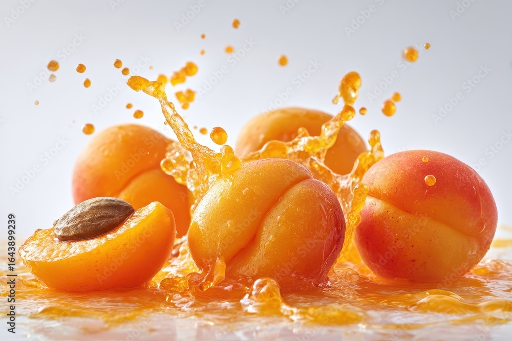 Poster fresh apricots splashing in juice create a vibrant, appetizing scene in a bright setting