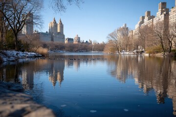 Still lake reflects city buildings  bare trees under a clear pale blue sky Ducks are visible