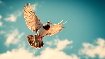 Naklejka premium A dove with wings spread wide soars against a bright blue sky with scattered white clouds overhead today
