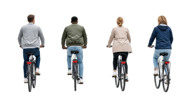 Four diverse men and women, mid-age, wearing jeans and jackets, riding sleek comfort bicycles forward on a bright white studio background with no shadows, healthy lifestyle concept.