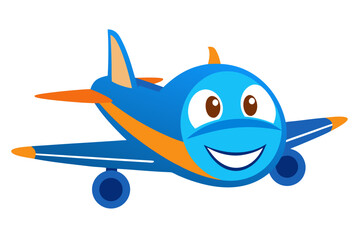 Cute cartoon vector illustration of a happy blue toy airplane flying in the sky with a big smile