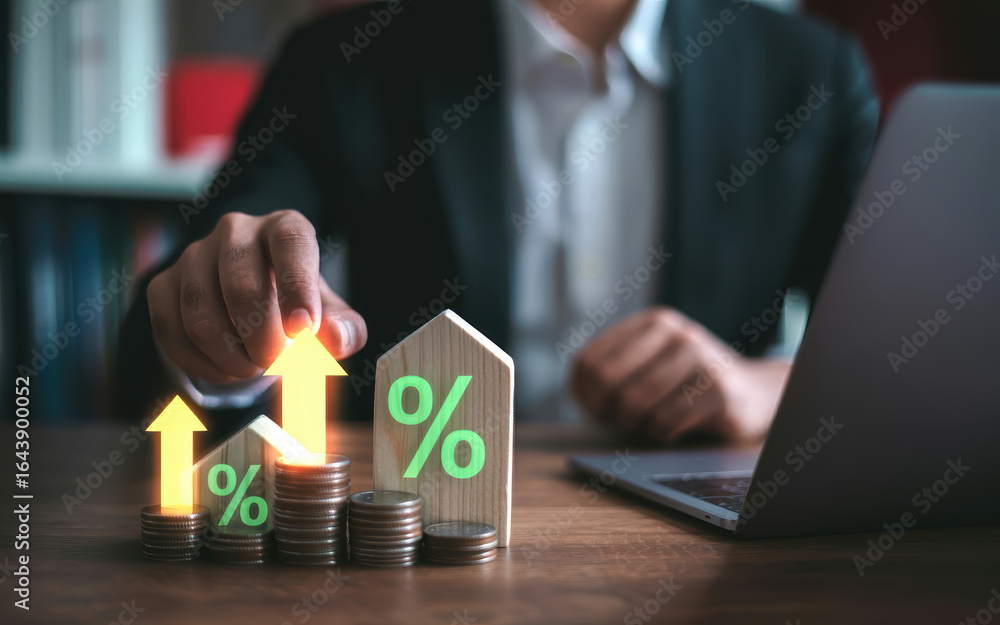 Poster dynamic business growth visualization with coins and percentage arrows in professional setting