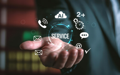 Innovative Customer Service Solutions in a Modern Digital Age with AI and Communication Icons