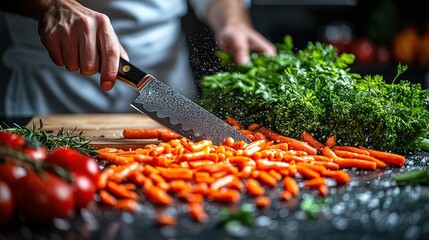 Cooking, chef cutting carrots on chopping board