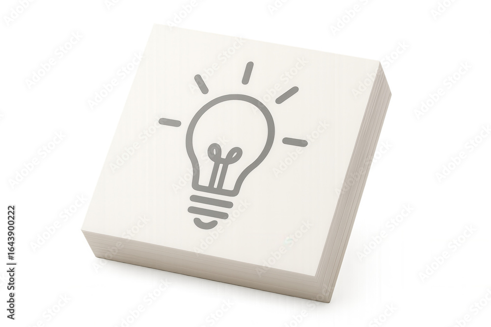 Poster paper stack with illuminated light bulb symbol representing creative thinking, innovation, and brain