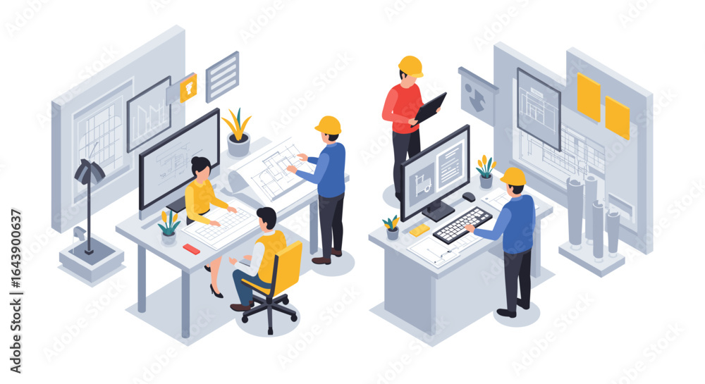Poster isometric engineering office with architects and engineers collaborating on blueprints and designs