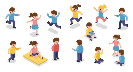 Isometric kids playing and jumping in various poses on white background