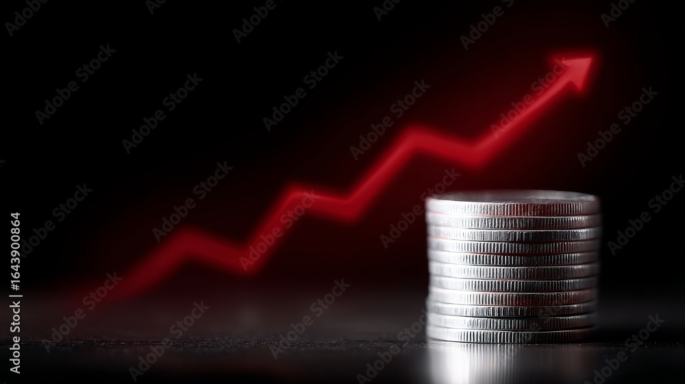 Poster growth in finance captured through a stack of coins and an upward red arrow. this image represents i