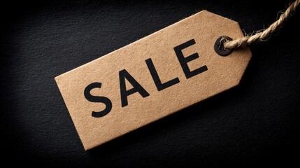 Tan sale tag on black background reads SALE in bold dark letters with attached twine and metal reinforcement