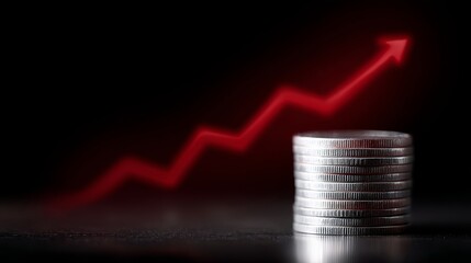 Growth in finance captured through a stack of coins and an upward red arrow. This image represents investment success and economic progress. Perfect for financial topics. AI