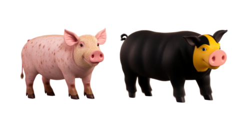 Pink spotted pig and black pig with yellow face on white background