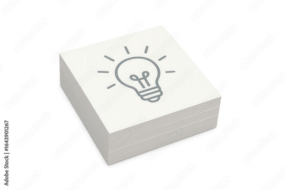 Poster stack of paper sheets with light bulb icon symbolizing brainstorming and innovative thinking, isolat