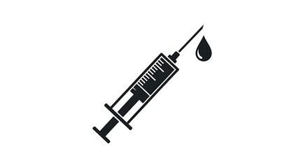 Black silhouette of a medical syringe with a drop of liquid isolated on white background
