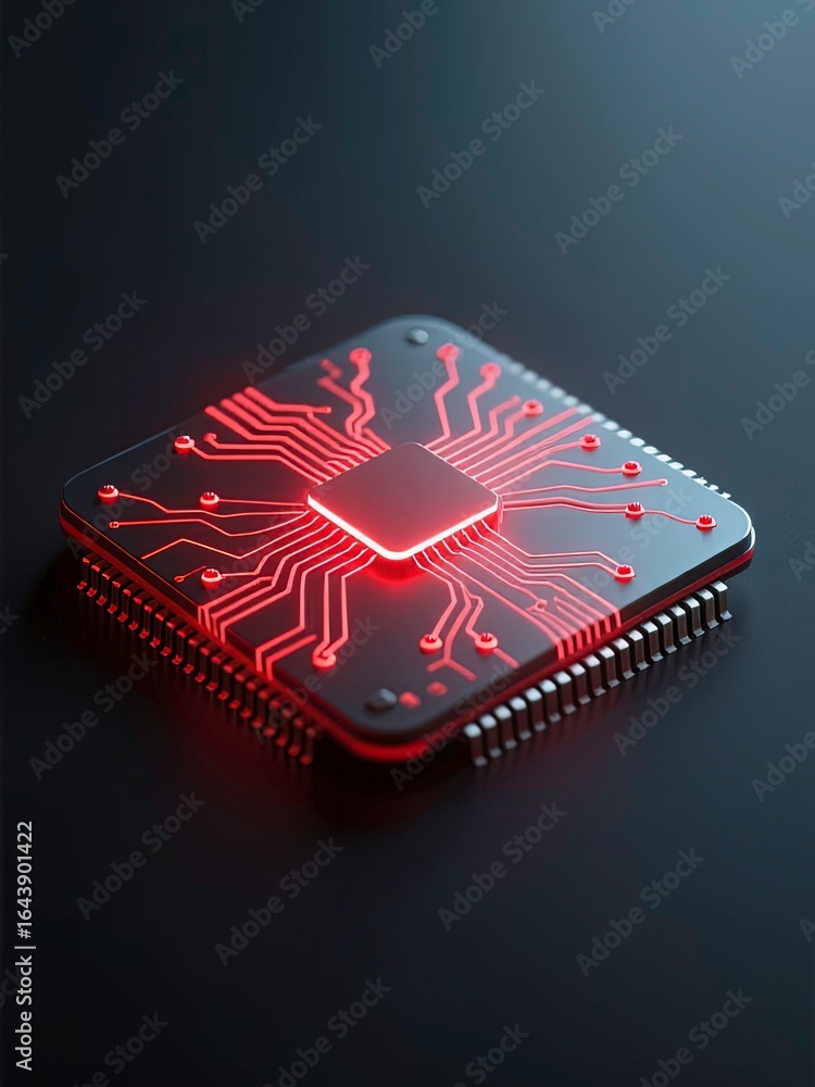 Poster advanced electronic circuit board with a central microchip, glowing red trace and futuristic lightin