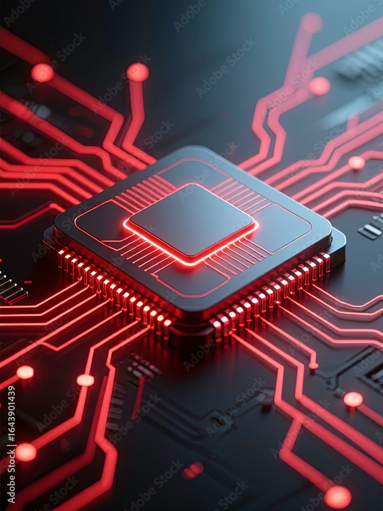 Poster advanced electronic circuit board with a central microchip, glowing red trace and futuristic lightin