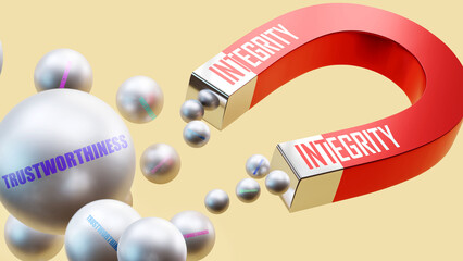 Integrity which brings Trustworthiness. A magnet metaphor in which integrity attracts trustworthiness. Cause and effect relation between integrity and trustworthiness. ,3d illustration