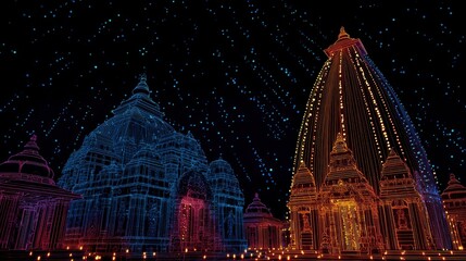 Two illuminated temple structures depicted with intricate wireframe designs stand against a dark sky dotted with blue starlight