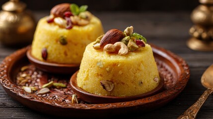 Two Indian desserts decorated with nuts presented on a carved wooden plate