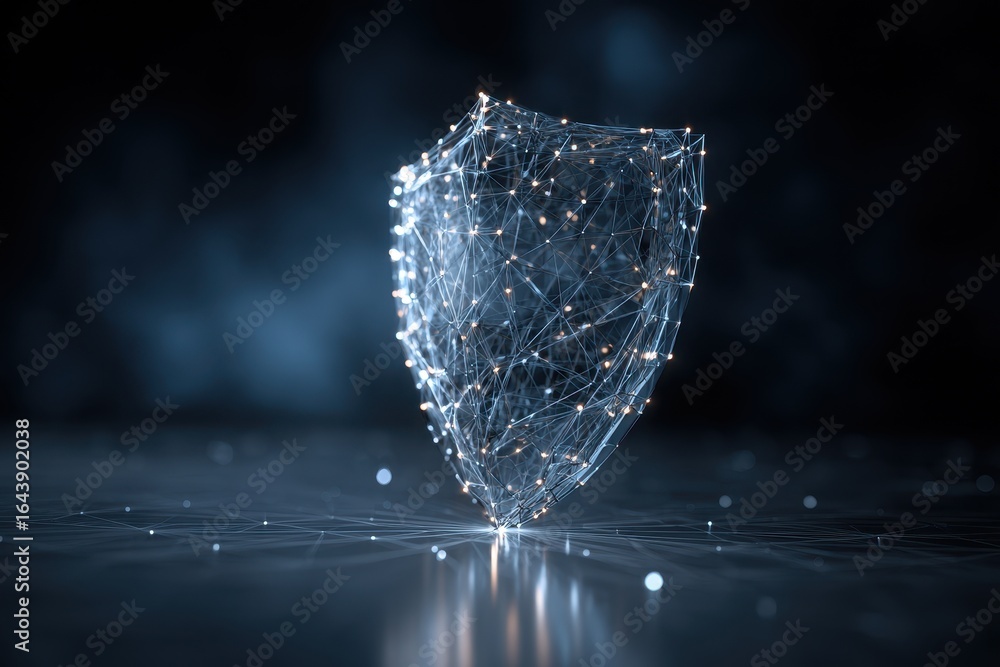 Poster digital shield design conveying cybersecurity principles with glowing nodes and connections