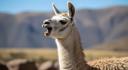 Obraz premium Llama with Open Mouth Standing in Mountain Landscape in Bright Sunlight