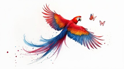 Fototapeta premium Colorful parrot flying with wings spread wide, isolated on white. Ultra-Realistic, Photo Realistic, highly detailed, Vector Illustration