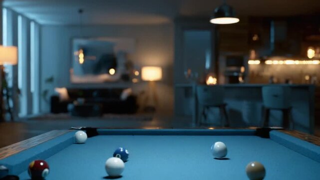 Billiards table in a dimly lit room
