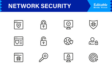 Network Security Professional Line Icon Set – Modern Minimal Cybersecurity, Data Protection, Privacy, Firewall, Malware, Safety, Encryption, Technology, and Secure System