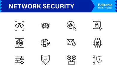 Network Security Professional Line Icon Set – Modern Minimal Cybersecurity, Data Protection, Privacy, Firewall, Malware, Safety, Encryption, Technology, and Secure System