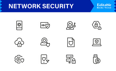 Network Security Professional Line Icon Set – Modern Minimal Cybersecurity, Data Protection, Privacy, Firewall, Malware, Safety, Encryption, Technology, and Secure System