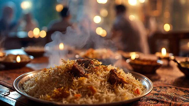 Delicious steaming hot mutton biryani served on a bowl with aromatic steam, Traditional Cuisine in 4K motion video.
