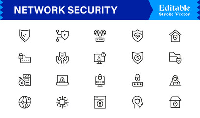 Network Security Professional Line Icon Set – Modern Minimal Cybersecurity, Data Protection, Privacy, Firewall, Malware, Safety, Encryption, Technology, and Secure System