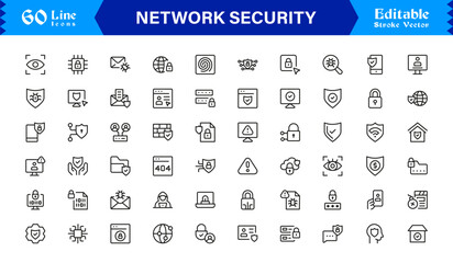 Network Security Professional Line Icon Set – Modern Minimal Cybersecurity, Data Protection, Privacy, Firewall, Malware, Safety, Encryption, Technology, and Secure System