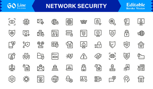 Network Security Professional Line Icon Set – Modern Minimal Cybersecurity, Data Protection, Privacy, Firewall, Malware, Safety, Encryption, Technology, and Secure System