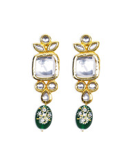 Gold-Plated Kundan Earrings with Green Enamel Drop