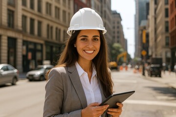 Confident Female Architect Standing on a Busy Construction Site With Tablet in Hand