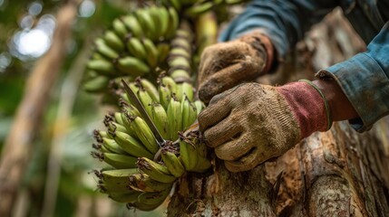 Hands harvesting green bananas