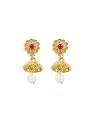 Gold-Plated Floral Drop Earrings with Red Stone and Pearl