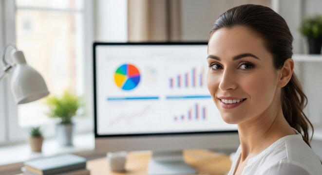 Confident Professional at Work: A professional woman smiles confidently at the camera, seated at her desk with a computer displaying financial charts and graphs.