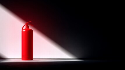 This vibrant red fire extinguisher stands against a dark background. It symbolizes safety and preparedness. Bright lighting emphasizes its importance in emergencies. AI