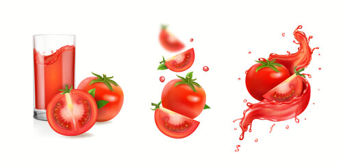 Red tomato juice splash. Tomato drink in a drinking glass. 3d realistic vector icon set