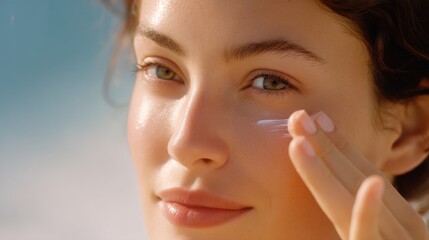 A woman applying cream to her face in a bright and sunny environment. This image captures beauty and skincare. Use this photo for health and wellness. A fresh and vibrant moment. AI